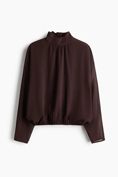 H&m Tie-back Stand-up-collar Blouse In Brown