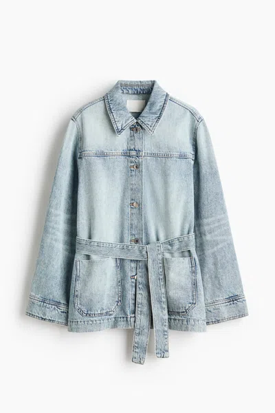 H&m Tie-belt Denim Jacket In Blue