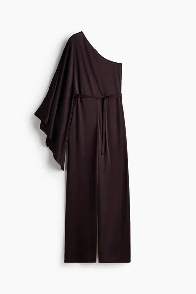 H&m Tie-belt One-shoulder Jumpsuit In Brown
