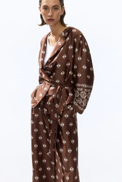 H&m Tie-belt Satin Blazer In Brown