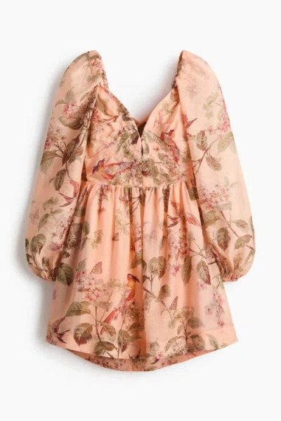 H&m Tie-detail Puff-sleeved Dress In Orange