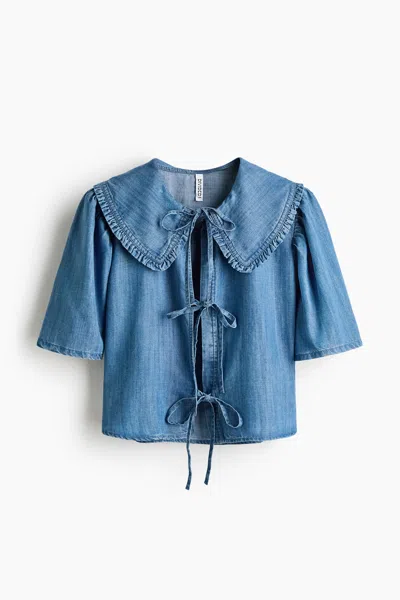 H&m Tie-front Denim Blouse In Blue