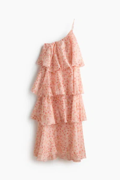H&m Tiered One-shoulder Linen-blend Dress In Nude