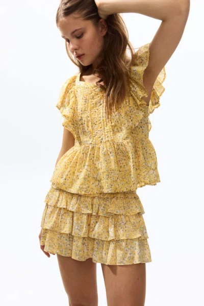 H&m Tiered Viscose Mini Skort In Yellow