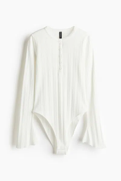 H&m Trumpet-sleeved Pointelle Bodysuit In White