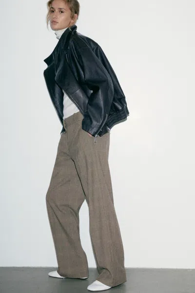 H&m Twill Dress Pants In Taupe/checked