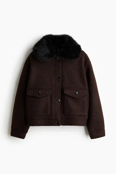 H&m Twill Jacket With Fluffy Collar In Brown