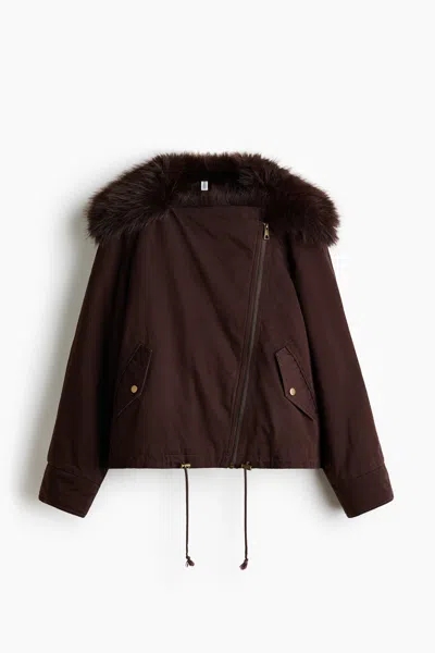 H&m Twill Jacket With Fluffy Collar In Brown