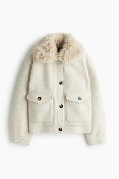 H&m Twill Jacket With Fluffy Collar In White