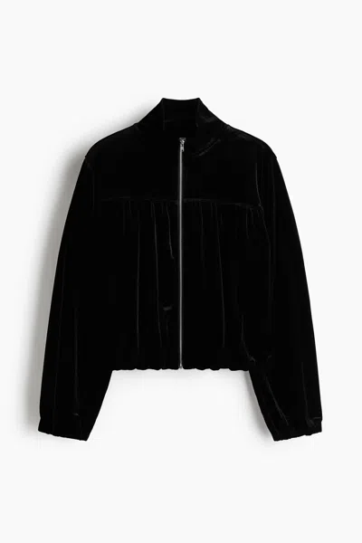 H&m Velour Jacket With Zipper In Black