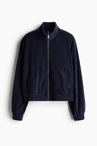 H&m Velour Jacket With Zipper In Blue