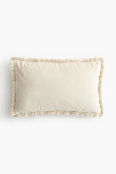 H&m Velvet Cushion Cover With Fringe In Light Beige