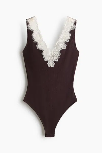 H&m V-neck Cotton Thong Bodysuit In Dark Brown