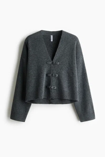 H&m V-neck Knot-button Cardigan In Gray