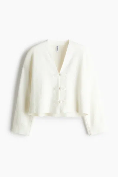 H&m V-neck Knot-button Cardigan In White