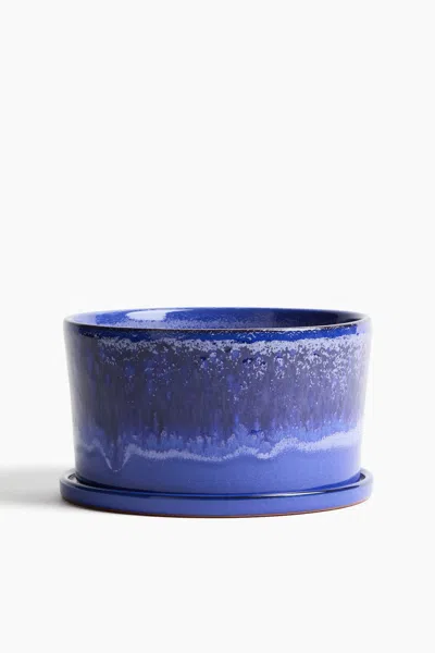 H&m Wide Terracotta Plant Pot And Saucer In Blue