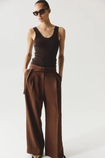 H&m Wide-leg Pants With Belt In Brown