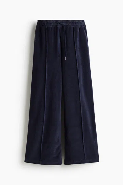 H&m Wide-leg Velour Joggers In Navy Blue
