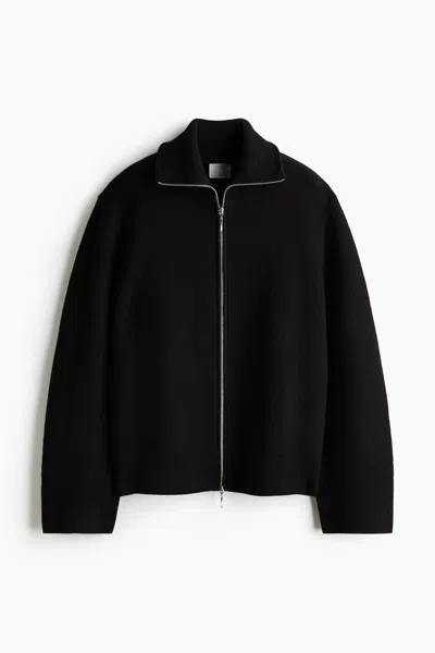 H&m Wool Cardigan With Zipper In Black