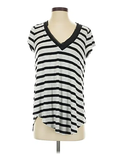 Pre-owned H By Bordeaux Short Sleeve Top Silver Stripes Pattern V Neck Tops