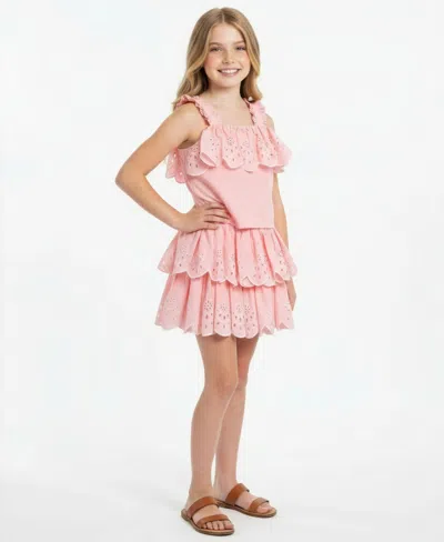 H By Habitual Kids' Girls' 7-16 Embroidered Eyelet Top And Skirt, 2-piece Set In Pink