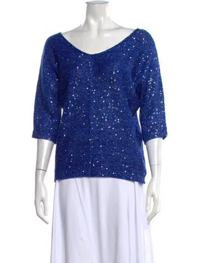 Pre-owned H By Halston Patterned Scoop Neck Sweater In Blue
