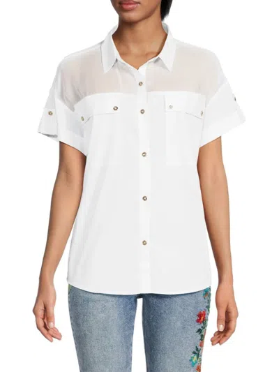 H Halston Women's Cotton Blend Cargo Shirt In White