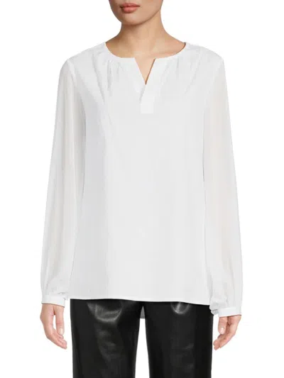 H Halston Women's V Neck Puff Sleeve Blouse In White