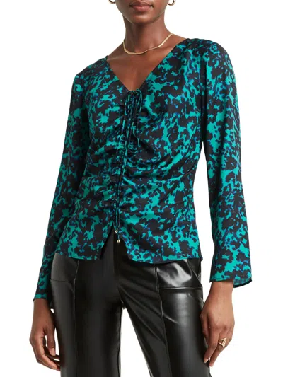 H Halston Womens V-neck Ruched Front Blouse In Multi