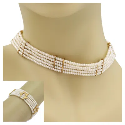 Pre-owned H. Stern H.stern Diamond Pearls 5 Strands 18k Gold Leaf Choker Necklace Bracelet Set In Multi