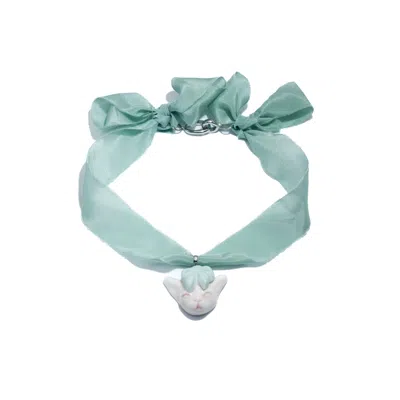 H2 Studio Women's Angry Puss Summer Green Silk Necklace Bowtie Cat