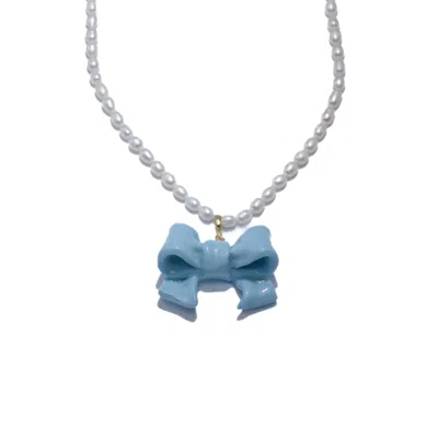 H2 Studio Women's Blue Bow Tie Maniac Large Bowtie Detachable Pendant Freshwater Pearl Necklaces Light Turquoi