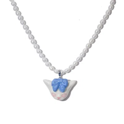 H2 Studio Women's Blue / Pink / Purple Angry Puss Purple Blue Bow Tie Freshwater Pearl Necklace