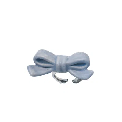 H2 Studio Women's Blue / Silver Bowtie Maniac Small Ribbon Ceramic Bowtie Rhodium Plated Brass Ring Blue Rock In Multi