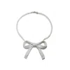 H2 Studio Women's Bowtie Maniac Large Ribbon Bowtie Round Freshwater Pearl Necklaces Porcelain White