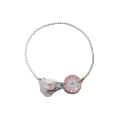 H2 Studio Women's The Cup Theater Mini Porcelain Cup & Plate Mini Crystal Pearl Necklace