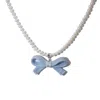 H2 Studio Women's White / Blue / Silver Bowtie Maniac Medium Ribbon Bowtie Round Freshwater Pearl Necklaces Ro
