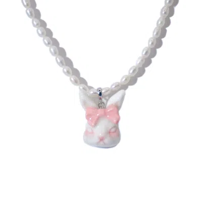 H2 Studio Women's White / Pink / Purple Grumpy Bunny Pinky Bow Tie Freshwater Pearl Necklace