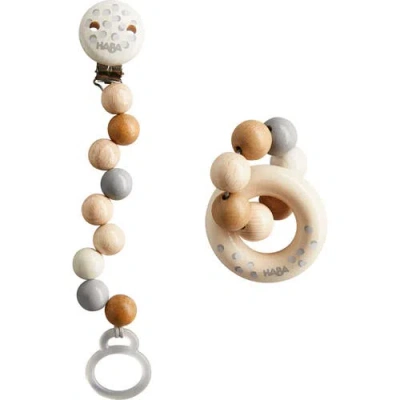 Haba Kids'  Baby Gift Set Dots With Natural Wood Pacifier Chain And Clutching Toy In Multi