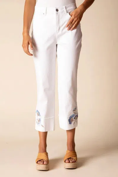 Habitat Floral Embroidered Stretch Denim Cuff Capri Pants In White