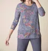 Habitat Floral Fleece Ruched Sleeve V-neck Top In Iron In Grey