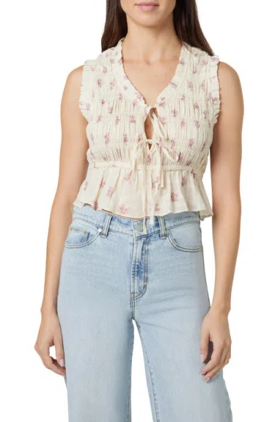 Habitual Cotton Shirred Tie Front Top In Heather Rose/ivory