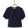 Habitual Double Tie Puff Sleeve Cotton Top In Blue