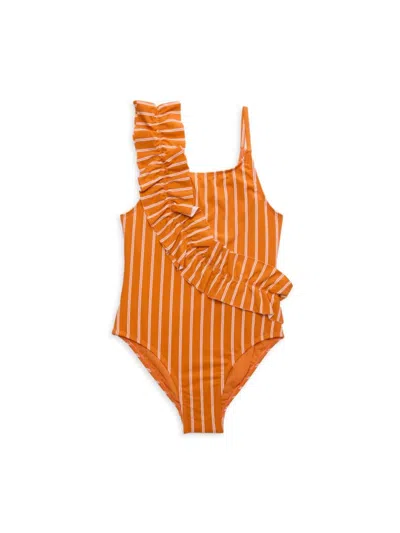 Habitual Kids' Girl's Striped Ruffle One Piece Swimsuit In Orange