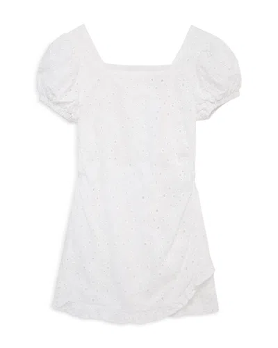 Habitual Girls' Puff Sleeve Faux Wrap Eyelet Romper - Big Kid In White