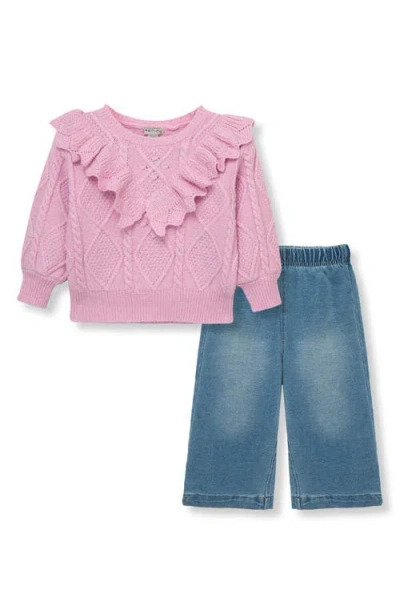 Habitual Babies'  Kids Cable Knit Ruffle Sweater & Wide Leg Pants Set In Light Pink