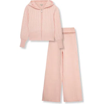 Habitual Kids Kids' Cable Knit Zip Hoodie & Flare Pants Set In Light Pink