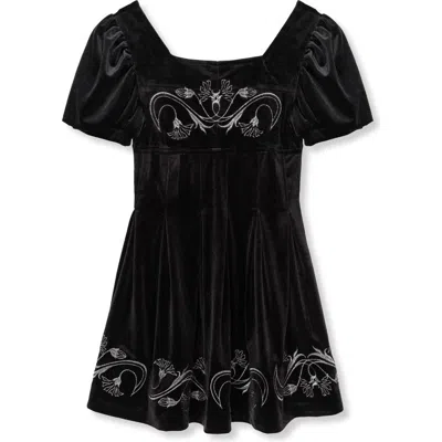 Habitual Kids Kids' Embroidered Puff Sleeve Velvet Dress In Black