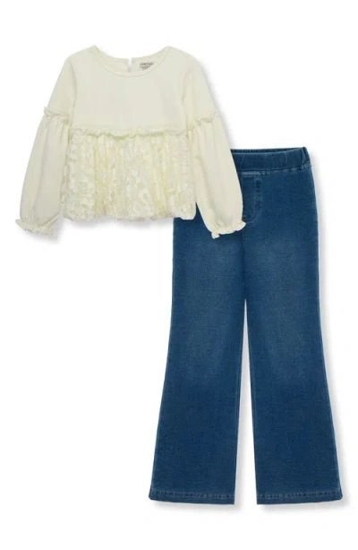 Habitual Girls' Knit Lace Bubble Top & Flare Leg Knit Jeans Set - Little Kid In Off-white