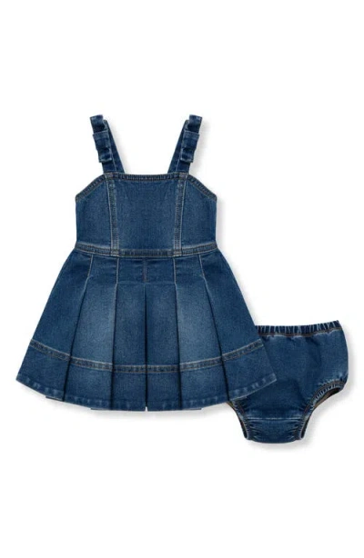 Habitual Babies'  Kids Pleated Bow Strap Cotton Blend Denim Dress With Bloomers In Blue
